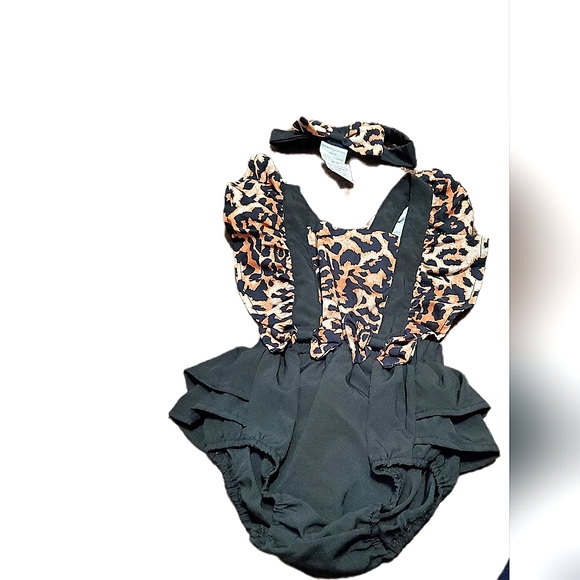 Shein Baby Girl's Leopard Ruffle Trim Bow Front Romper Bodysuit W/Headband 0-3M - Picture 3 of 11